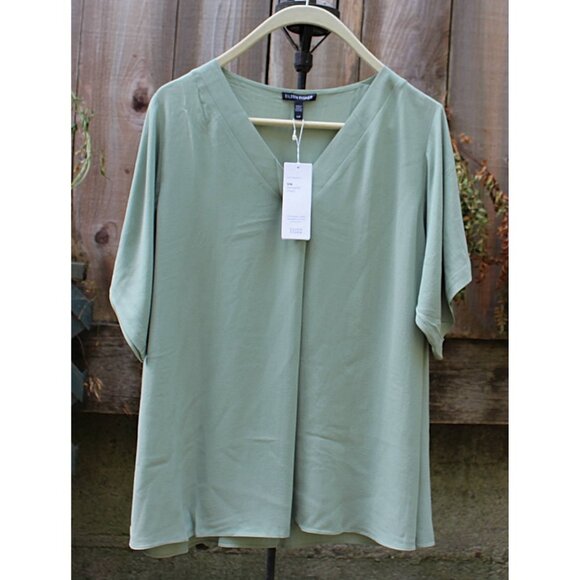 New w/Tags - Eileen Fisher Silk Georgette Crepe V-Neck Top, color SEA, Sml - Picture 4 of 12